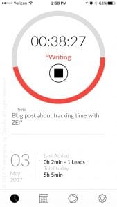 My ZEIº tracking my time writing this very blog post. Screen shot of the Timeular app screen from my iPhone.